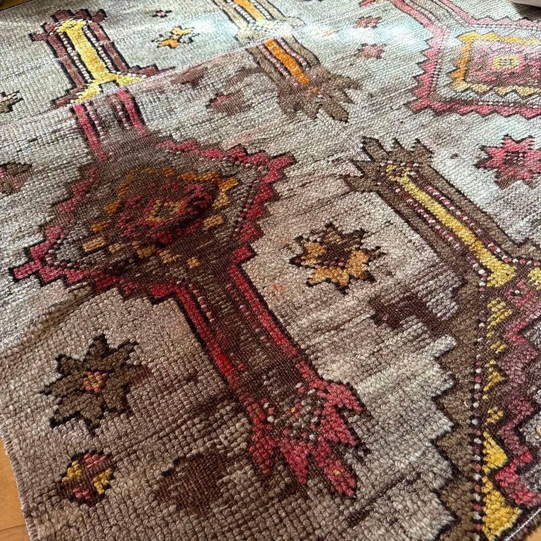 レア93×97 正方形サイズ　ウール　ブラウン　トルコヴィンテージラグ