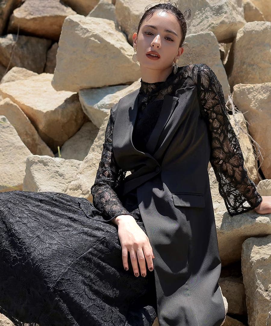 ジャケットドッキングデザインスタンドカラーレースワンピースドレスCallarus