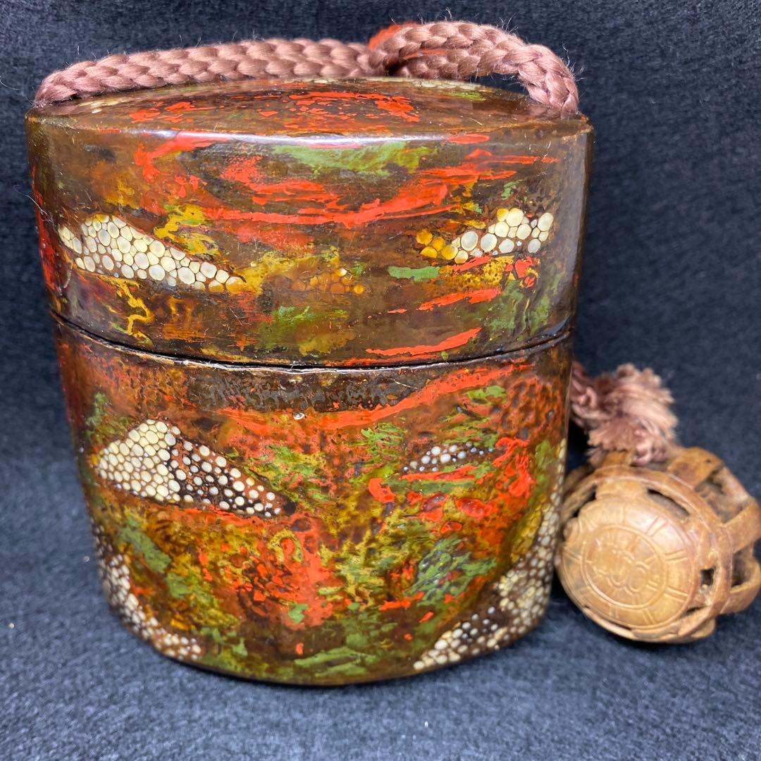 江戸時代　鮫皮蒔絵木彫根付印籠　木箱付　168g 東Y7-0306☆2Fトヒニ