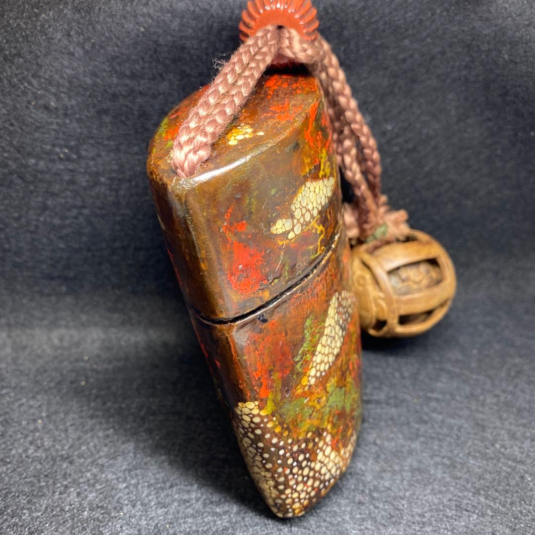 江戸時代　鮫皮蒔絵木彫根付印籠　木箱付　168g 東Y7-0306☆2Fトヒニ