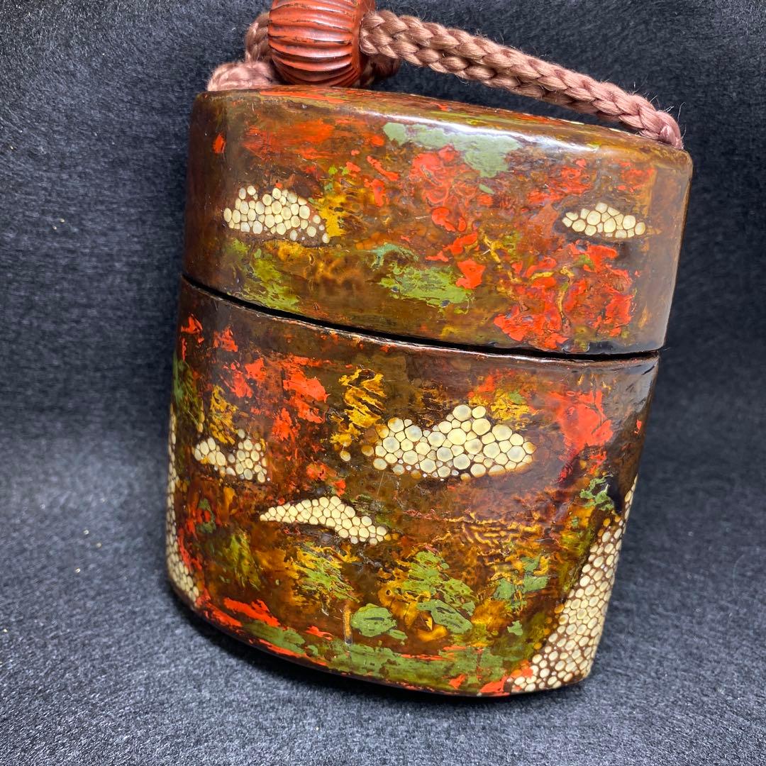 江戸時代　鮫皮蒔絵木彫根付印籠　木箱付　168g 東Y7-0306☆2Fトヒニ