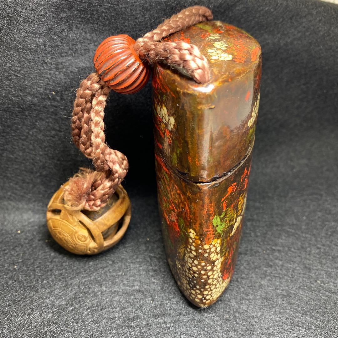 江戸時代　鮫皮蒔絵木彫根付印籠　木箱付　168g 東Y7-0306☆2Fトヒニ