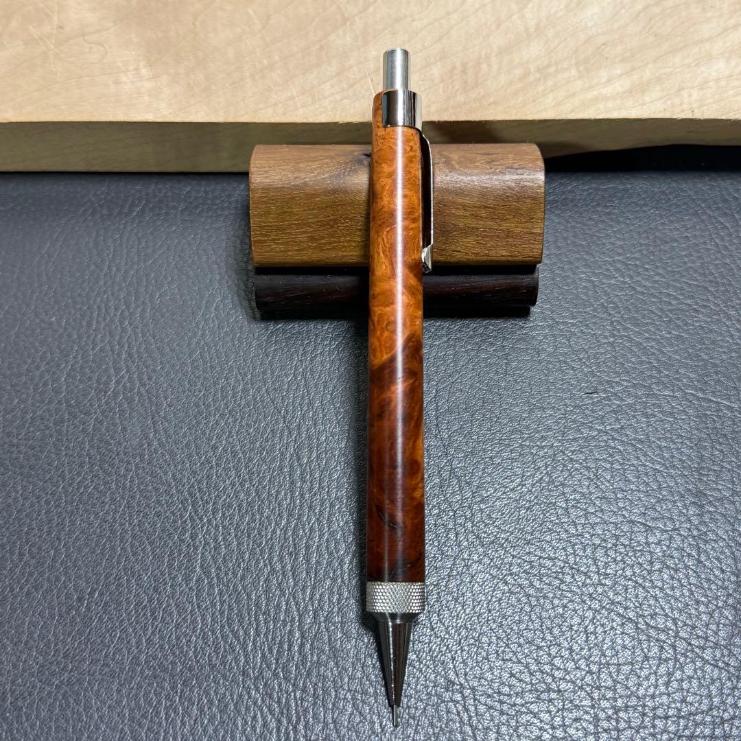 125花梨瘤濃色源平柄　木製シャーペン　強低重心R ステンレスローレット