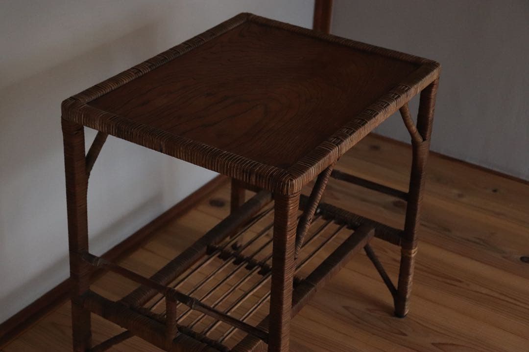 古家具　サイドテーブル　レトロ　木　籐　ラタン　古道具　アンティーク