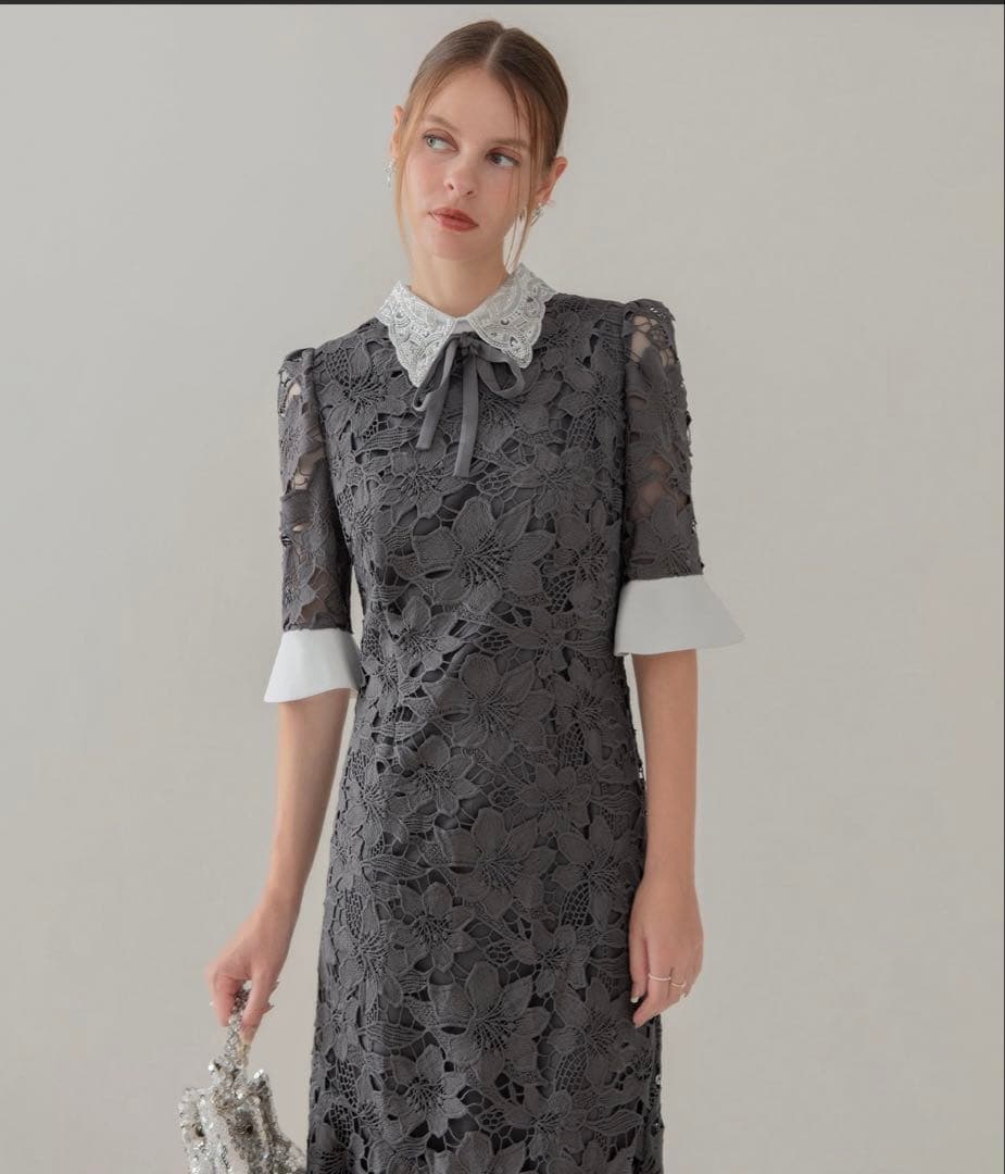 Leja パールカラーボウタイフラワーレースフィッシュテールワンピースドレス