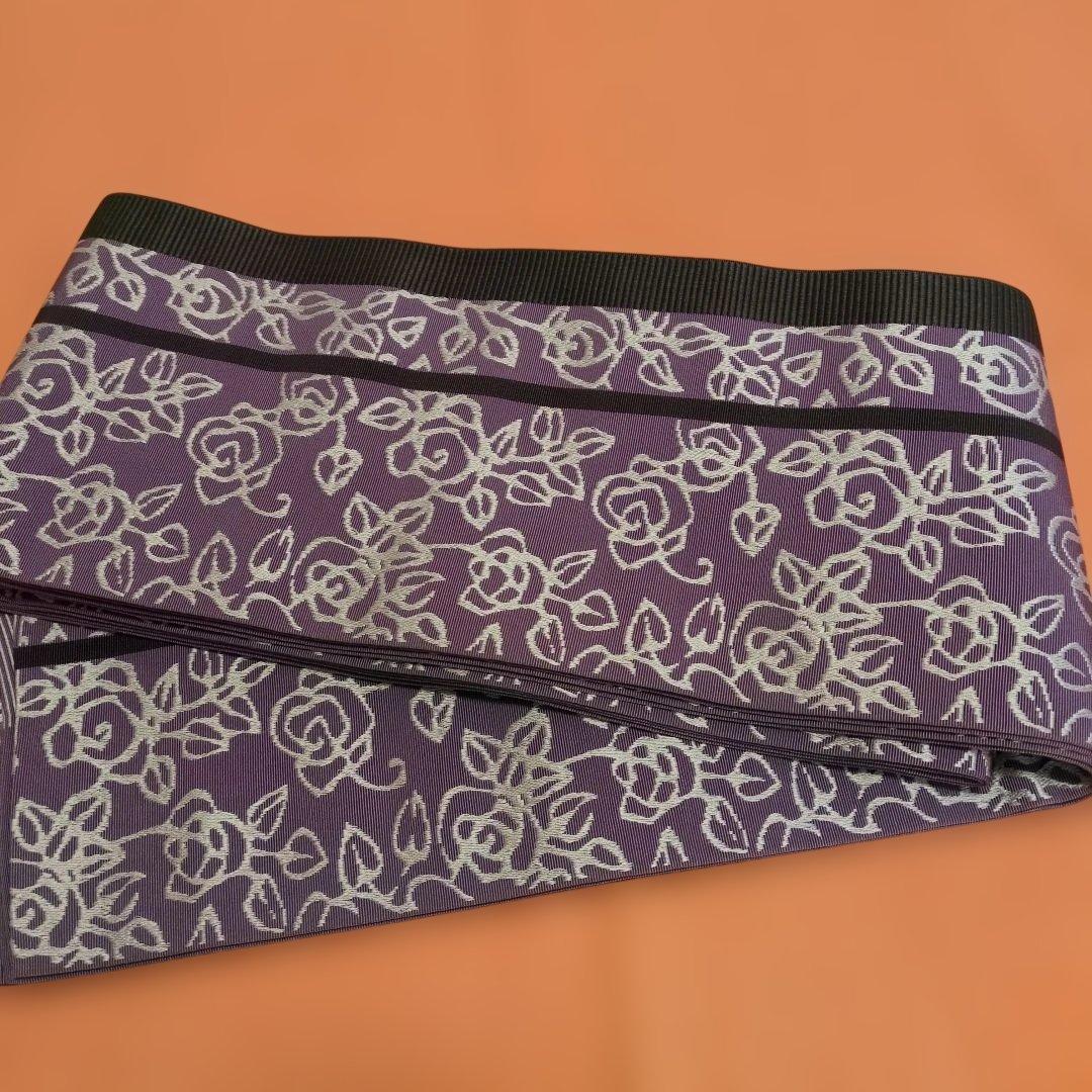 博多半幅帯　西村製 紫色 バラ模様