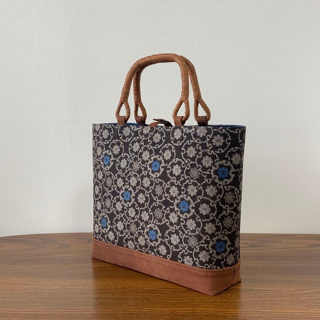 アンティーク大島紬×酒袋　小さな雪輪重ね　リメイク　山葡萄ハンドルバッグ