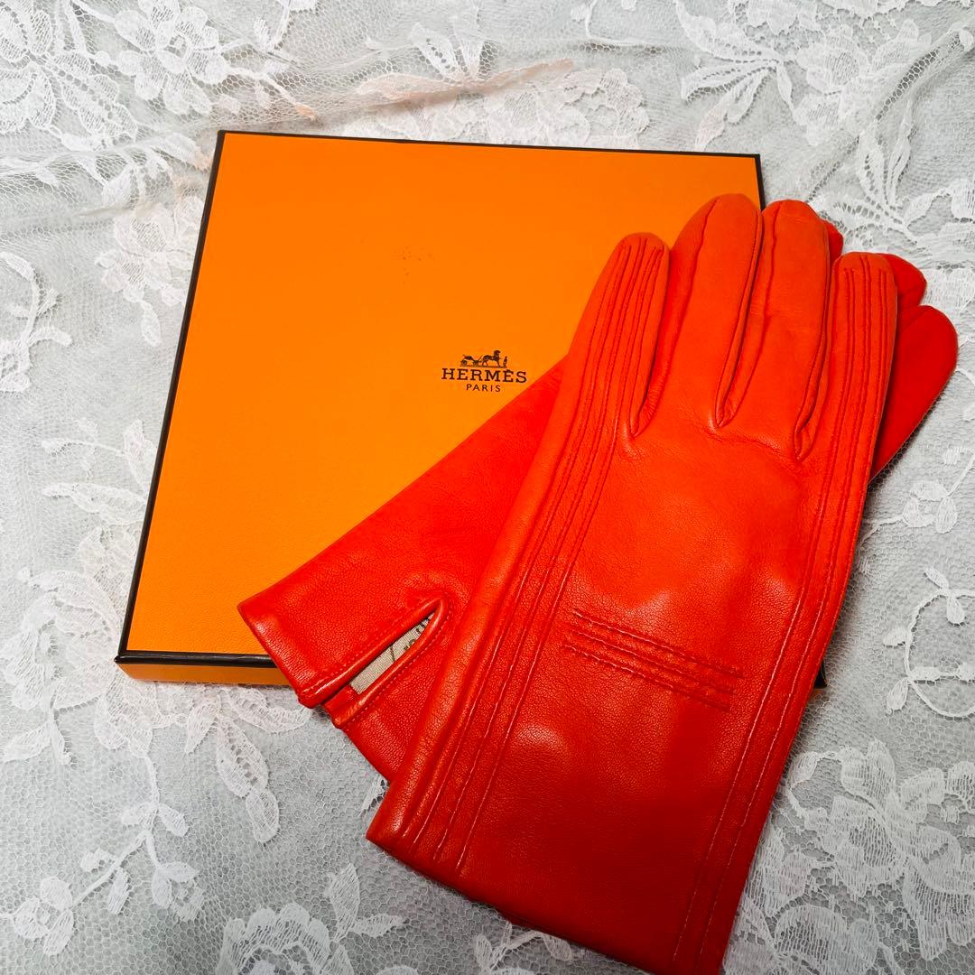 エルメス　オレンジ レザー手袋　グローブ　革製品　アームカバー
