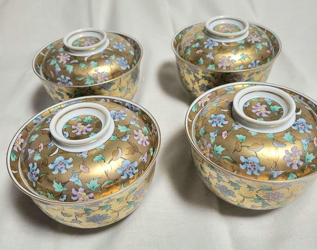 前畑陶器 庫山窯　牡丹唐草色絵金襴 蓋付き御椀揃 4客セット