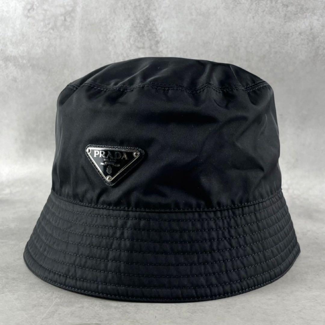 【極美品】PRADA 三角 トライアングル ロゴ バケットハット ブラック L