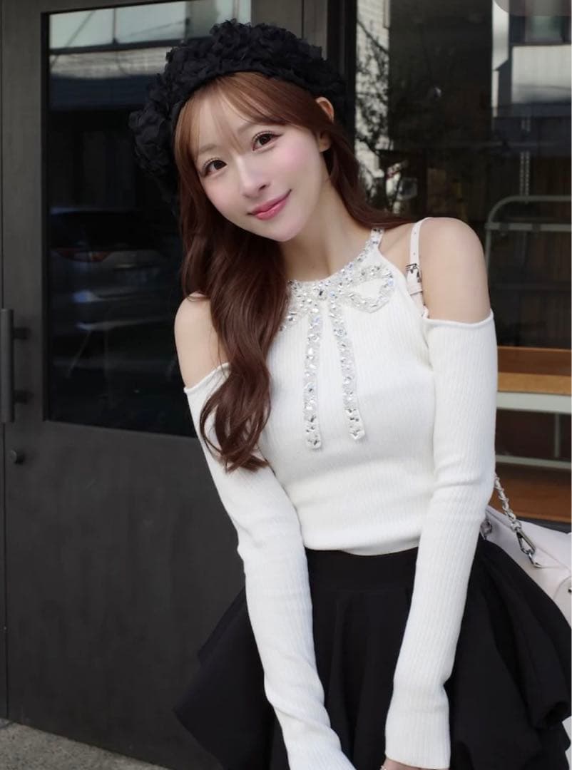 darich ダーリッチ 　リボンビジューアメスリニットトップス