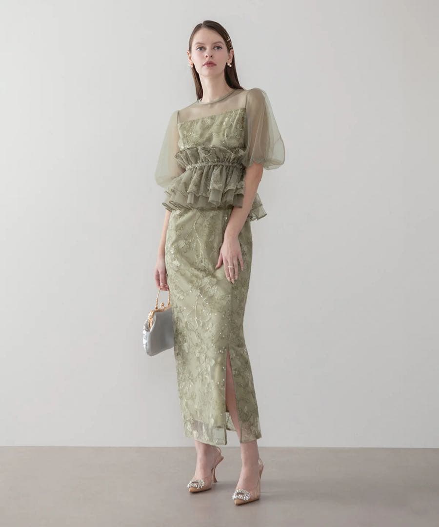 LEJA 3WAYチュールラッフルフラワースパンコールIラインワンピースドレス