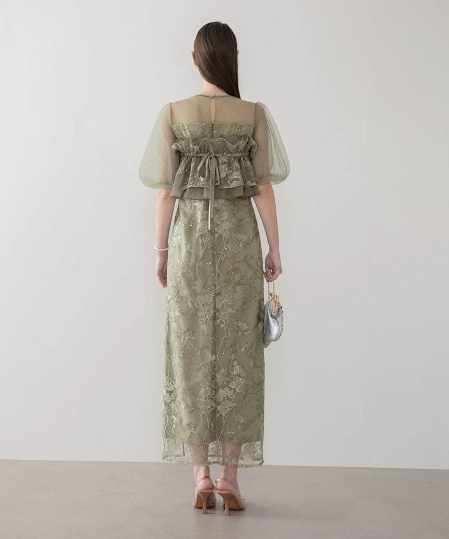 LEJA 3WAYチュールラッフルフラワースパンコールIラインワンピースドレス