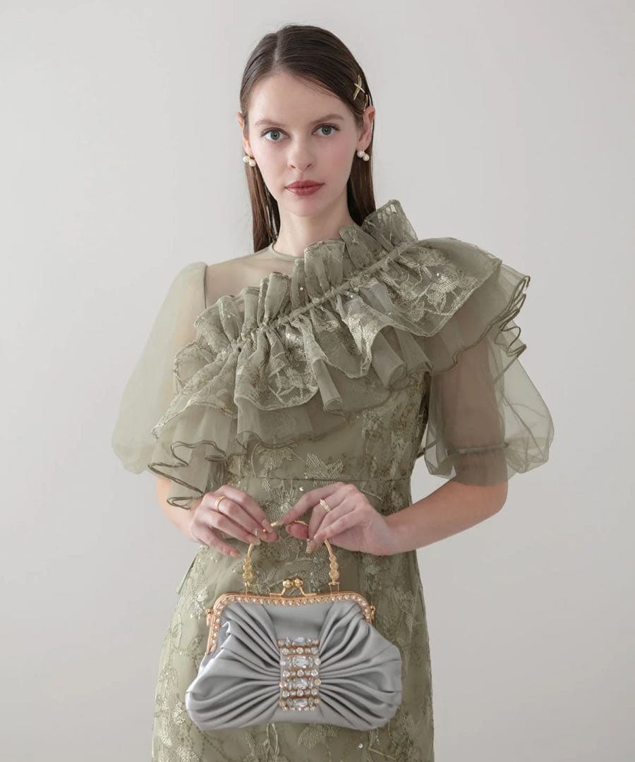 LEJA 3WAYチュールラッフルフラワースパンコールIラインワンピースドレス