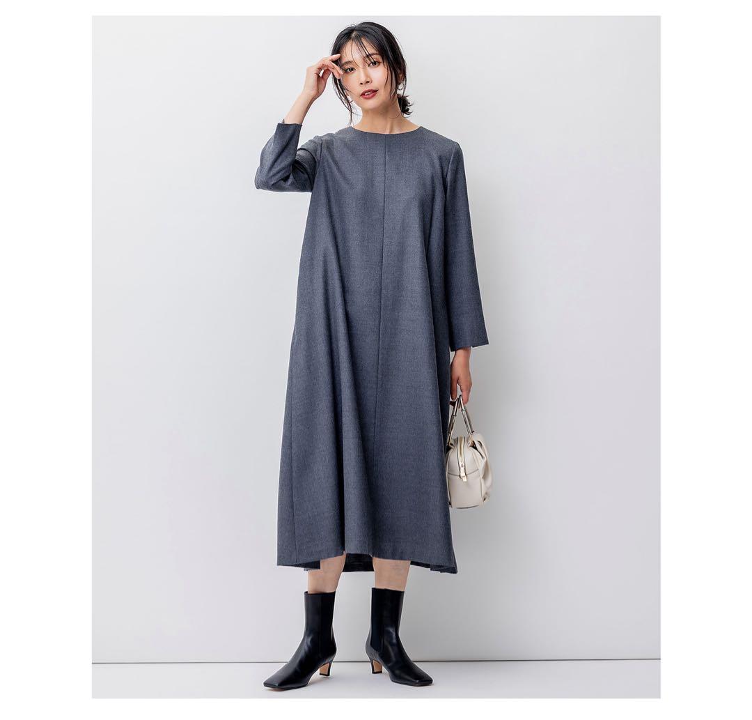 23区　ウールジョーゼット Aライン ワンピース　グレー