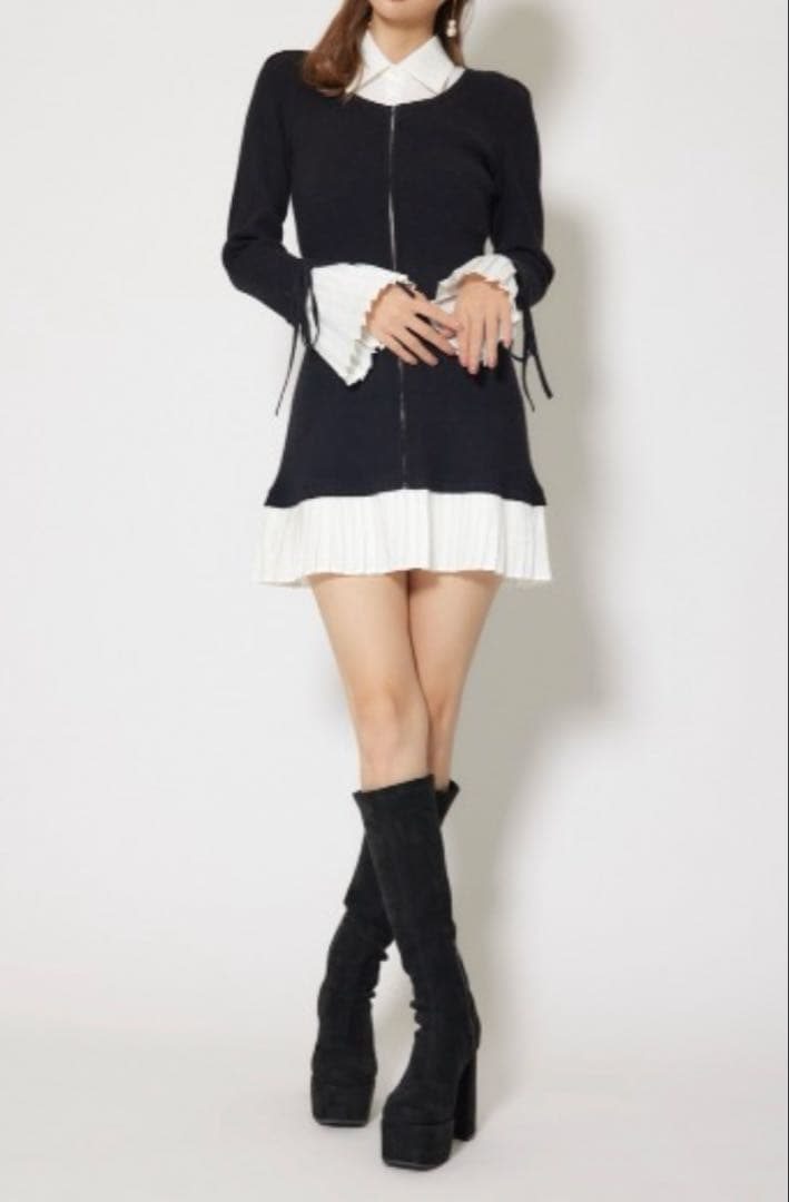 rienda レイヤードパターンシャツニットミニワンピース