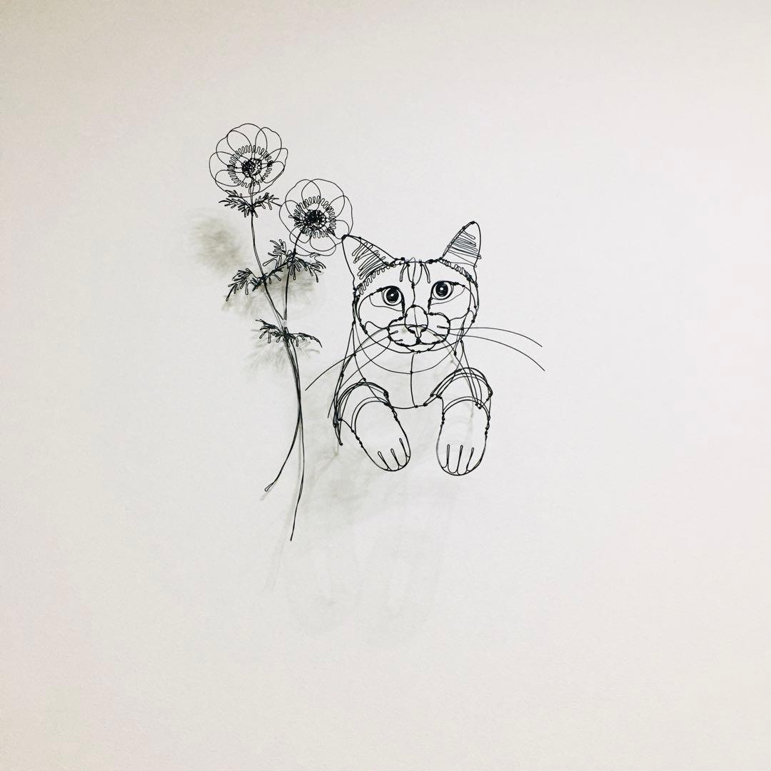 ワイヤーアート　ワイヤークラフト 花とねこ