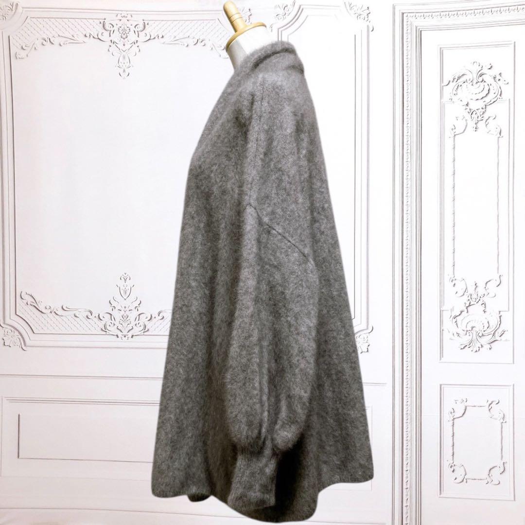上質『ノーブル』ロング カーディガン【F】グレー 高級 毛皮 ウール ラクーン