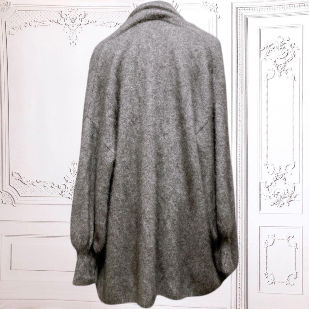 上質『ノーブル』ロング カーディガン【F】グレー 高級 毛皮 ウール ラクーン