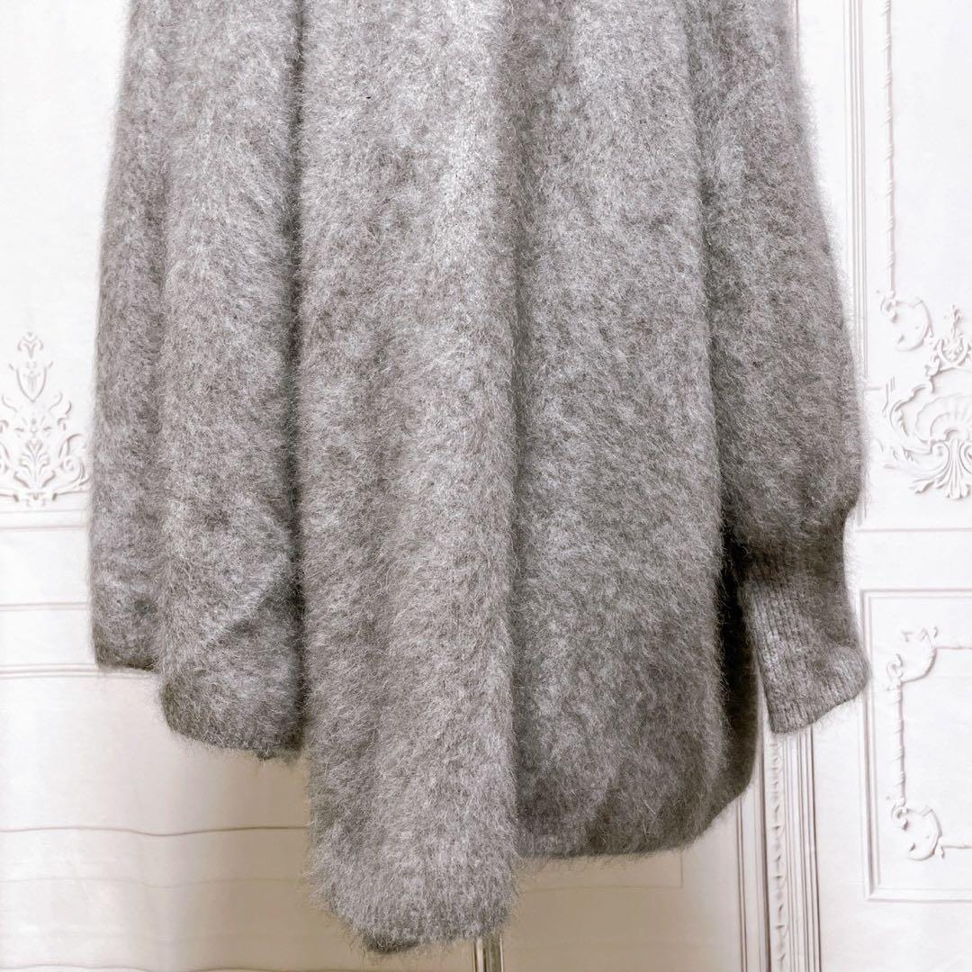 上質『ノーブル』ロング カーディガン【F】グレー 高級 毛皮 ウール ラクーン