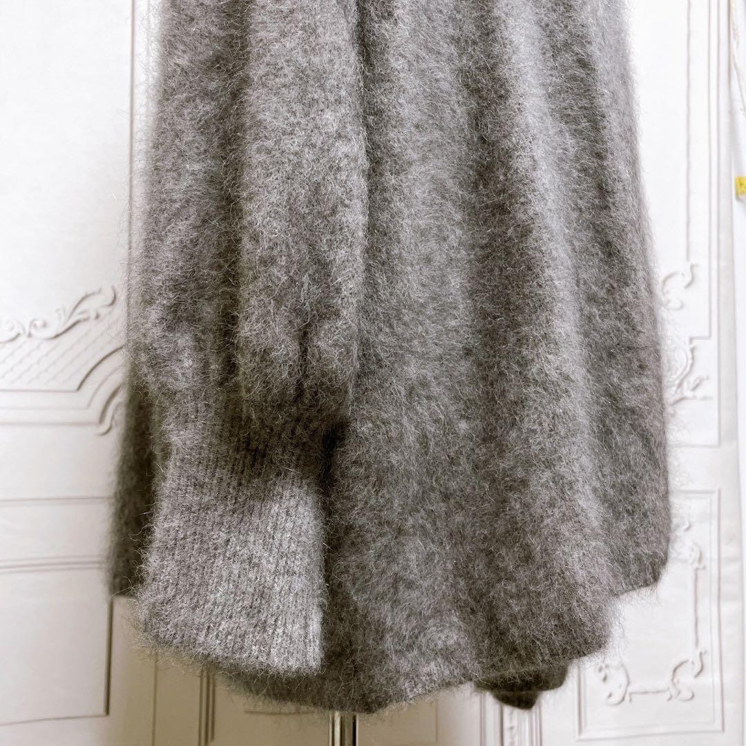上質『ノーブル』ロング カーディガン【F】グレー 高級 毛皮 ウール ラクーン