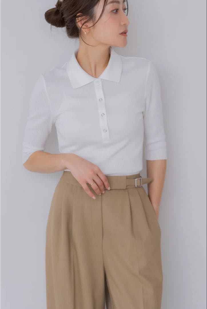 《sale》【未使用タグ付き】regleam 五分袖ポロ襟リブカットソーM