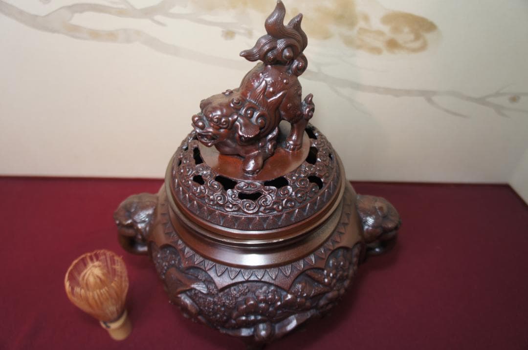 ★美品 高岡銅器 瑞峰作 新特大 花鳥 高級銅製香炉工芸作家造 送料込み