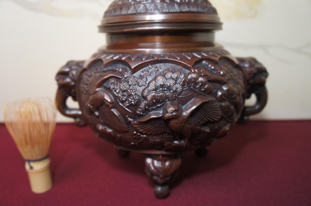 ★美品 高岡銅器 瑞峰作 新特大 花鳥 高級銅製香炉工芸作家造 送料込み