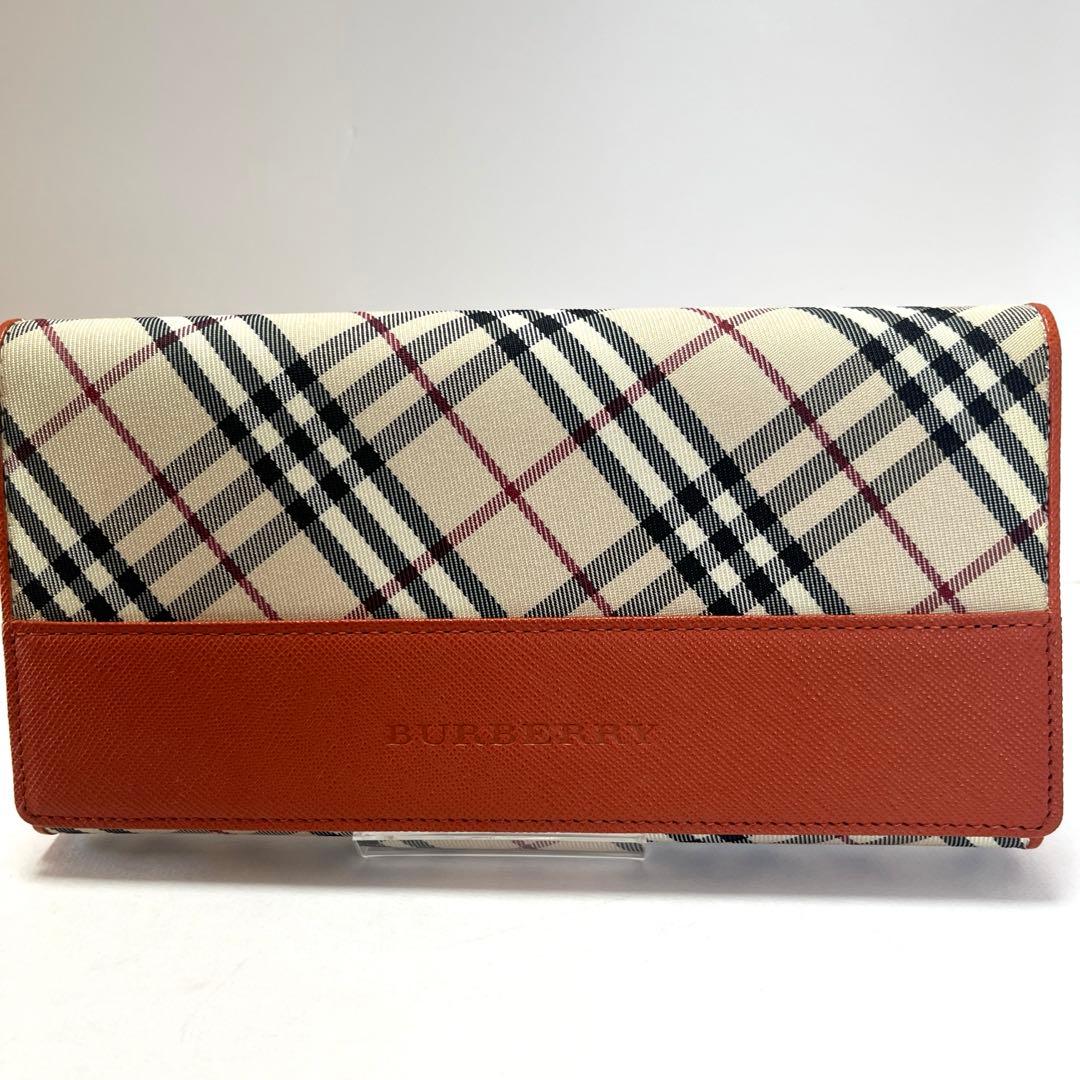 【希少色美品】バーバリー　二つ折り　がま口　チェック柄 長財布　オレンジ