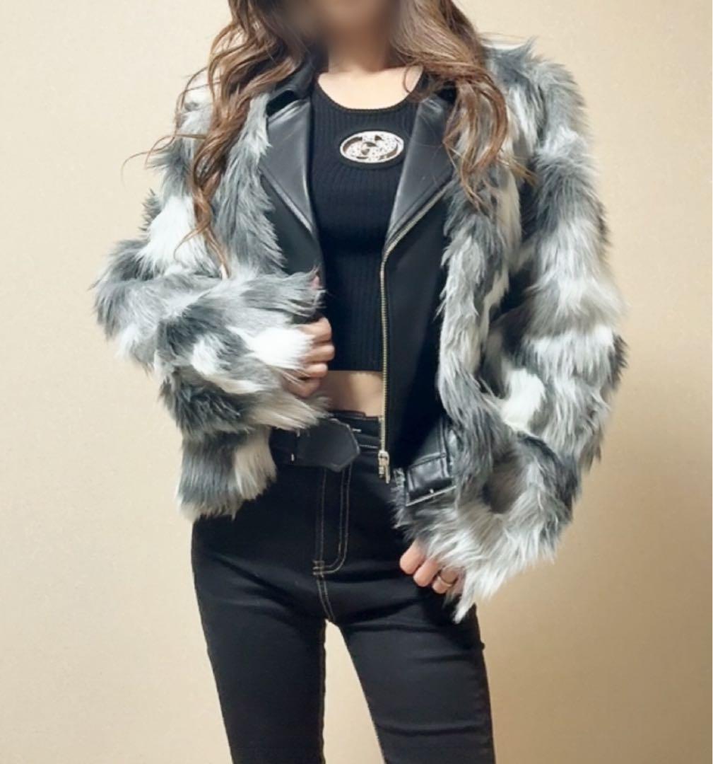 ラスト1点！GYDA レイヤードエコファーライダースジャケット　ミックス