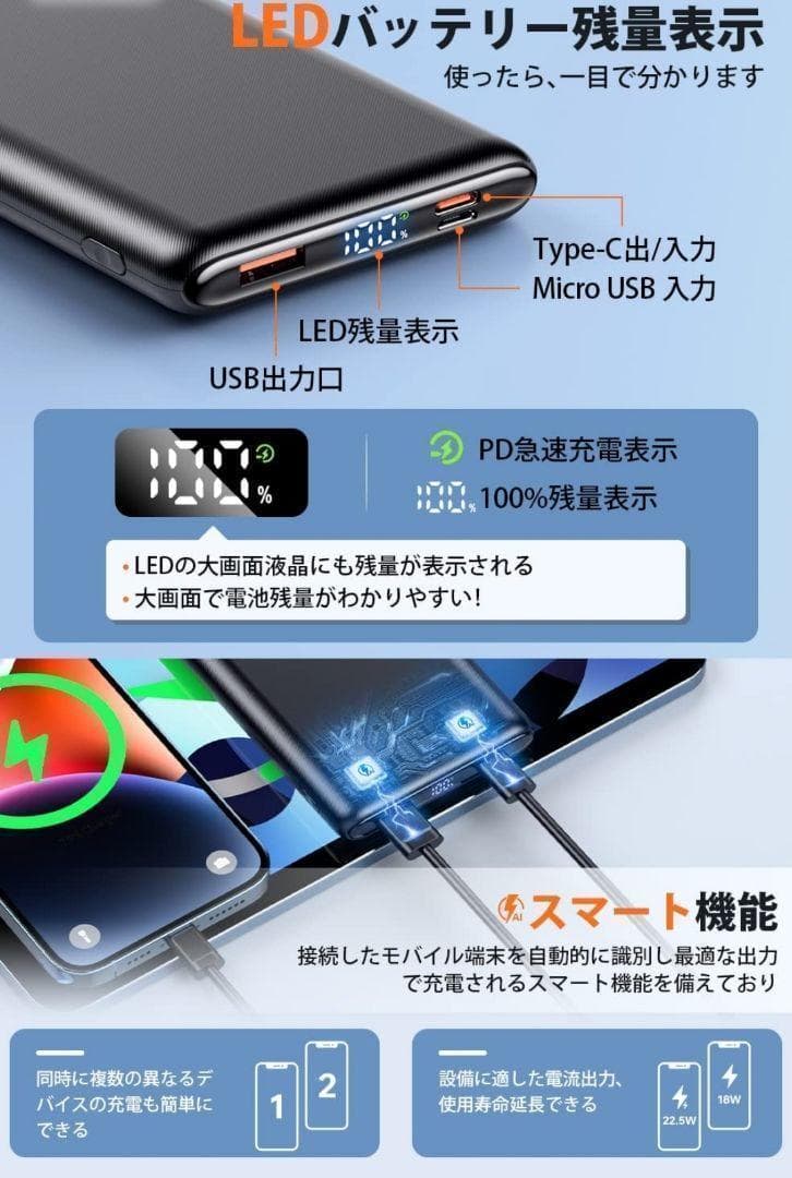 モバイルバッテリー　急速充電　薄型　軽量　携帯充電器　type-c ブラック