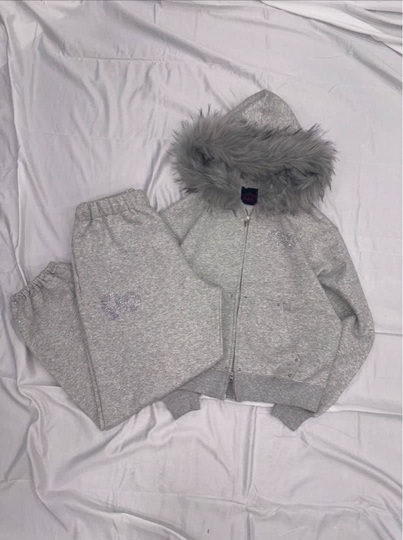 90 Logo Glitter Fur Zip Hoodie セットアップ