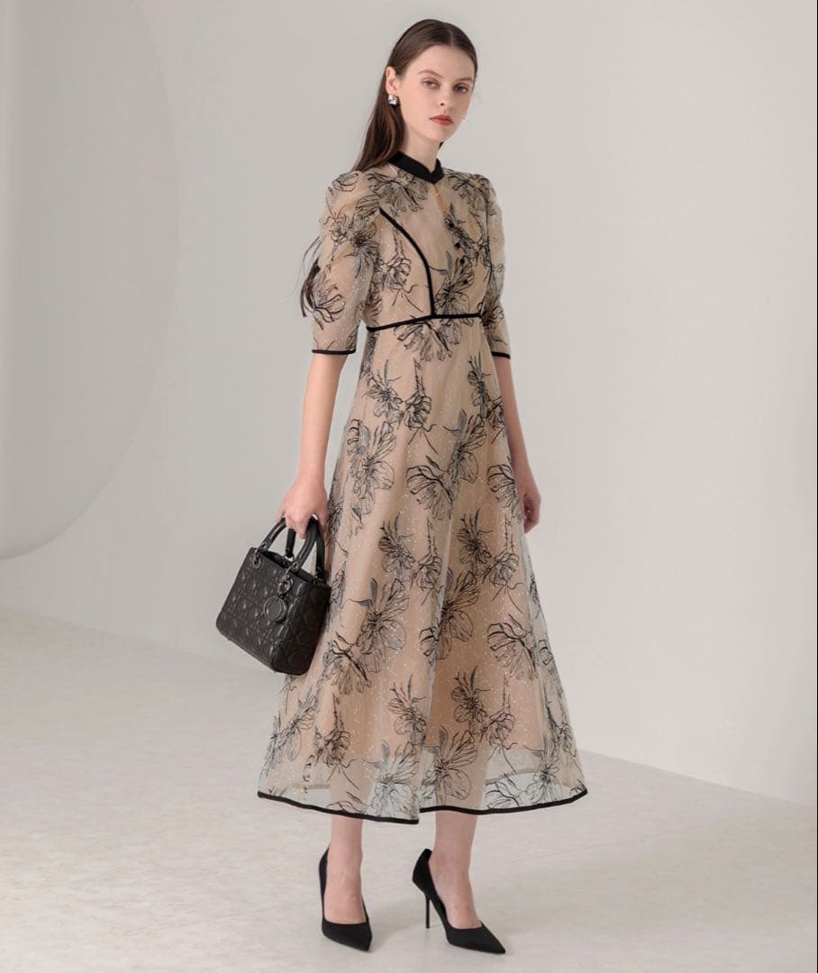 パイピングハイネック花柄ラメレースワンピースドレス結婚式二次会成人式パーティー