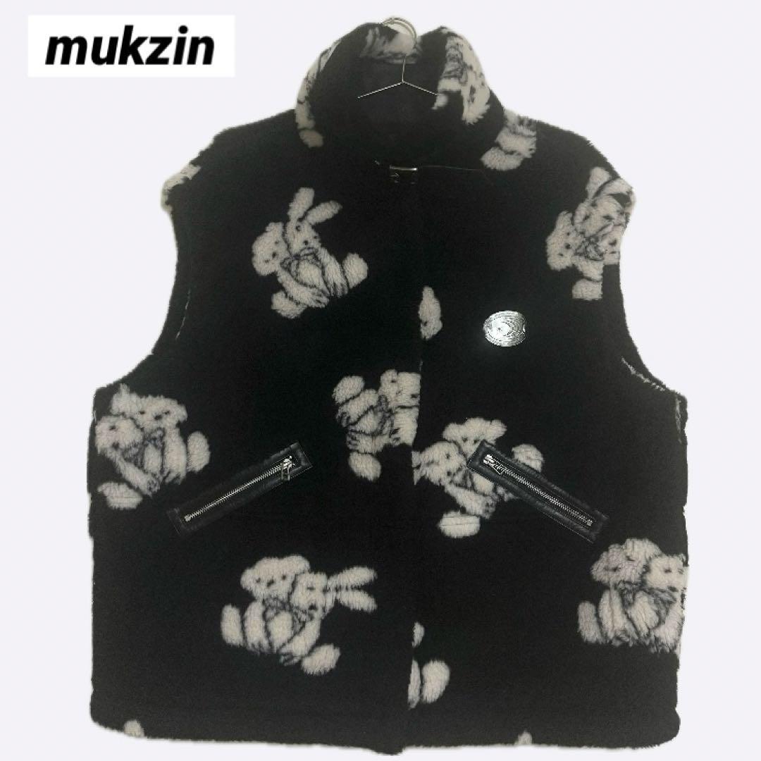 mukzin ムクジン 黒ファー L クマ柄 ベスト 柄物 熊 動物 ブラック
