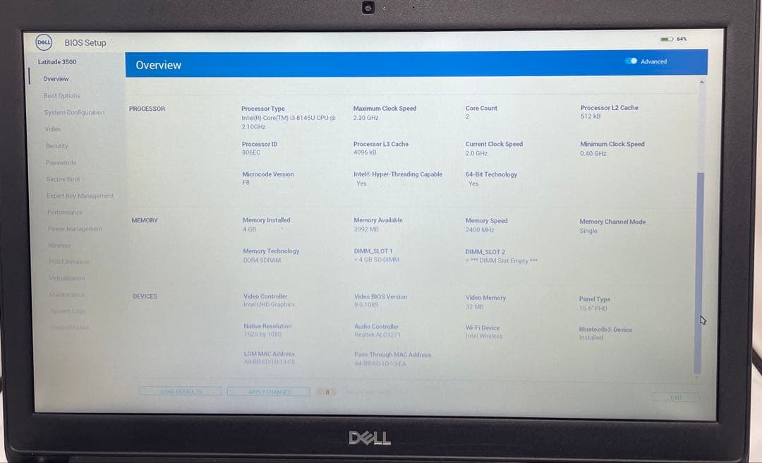 (ジャンク)DELL latitude 3500 i3-￼8145U 4GB