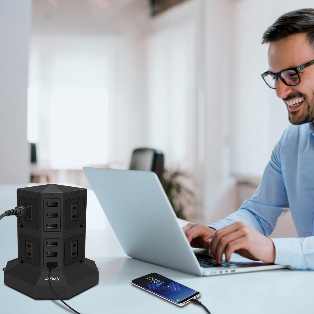 タワー式 6USB 8コンセント 急速充電 雷ガード 過負荷保護 電源タップ
