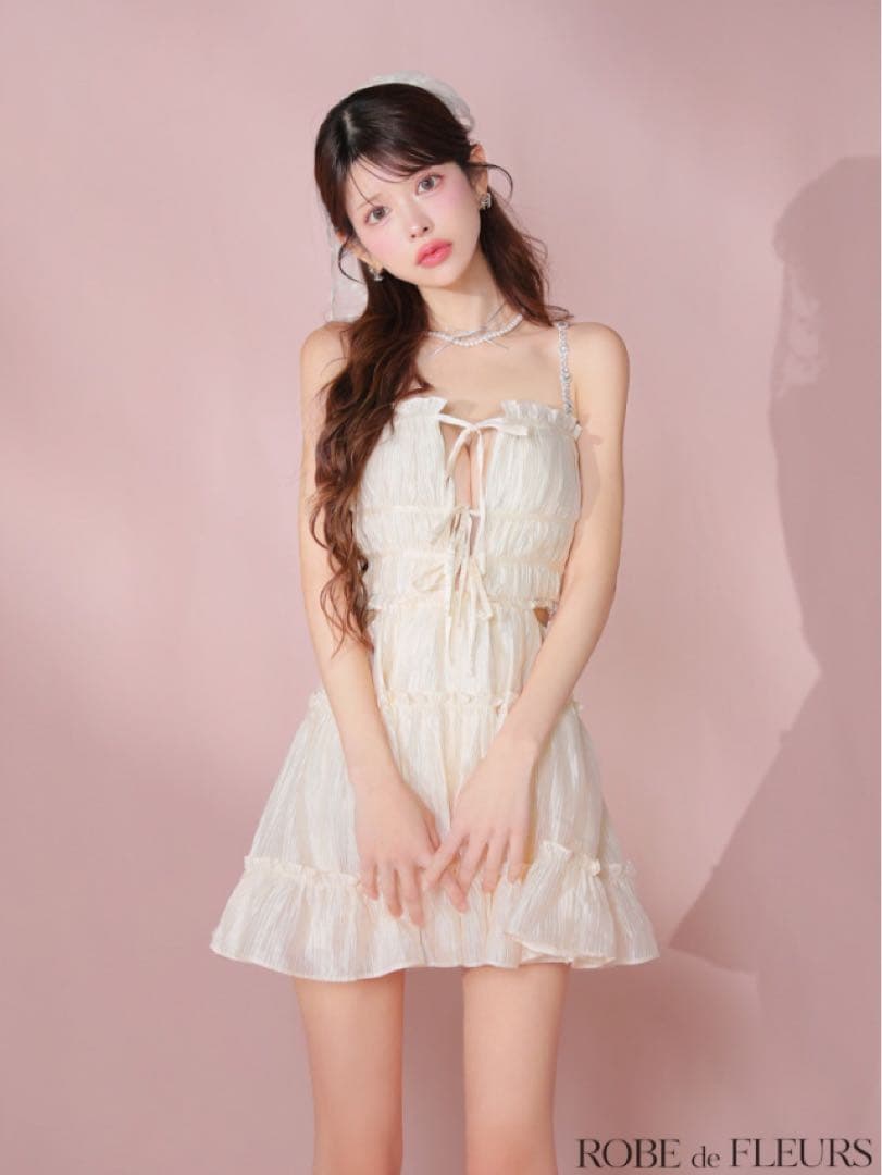 ROBE de FLEURS シャーリングサテンウエストスリットフレアミニ　XS