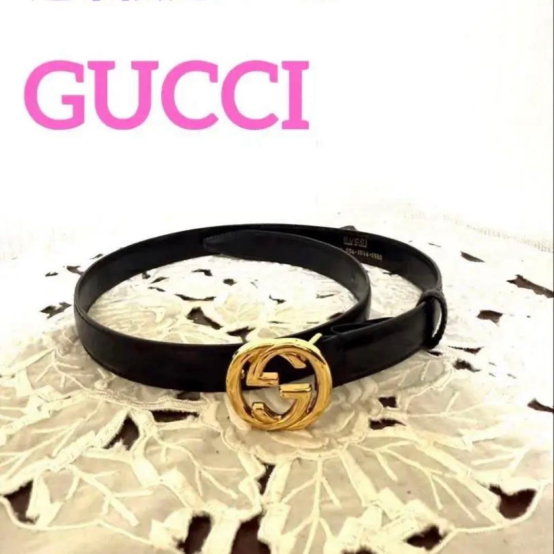 ✨GUCCI グッチ✨ブラックレザー ベルト　ゴールド　ダブルGロゴ