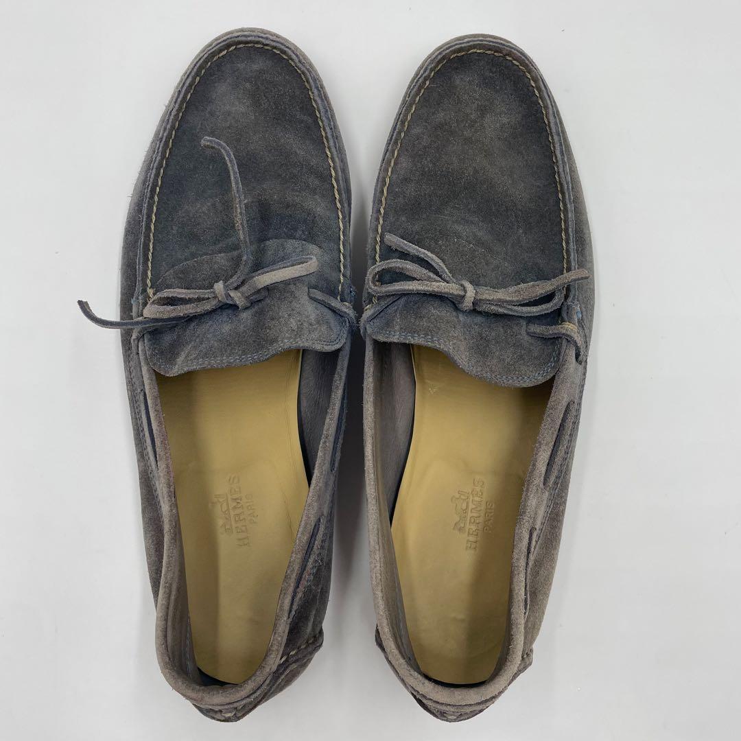 【美品】HERMES スウェード　モカシン　ドライビングシューズ　グレー26cm