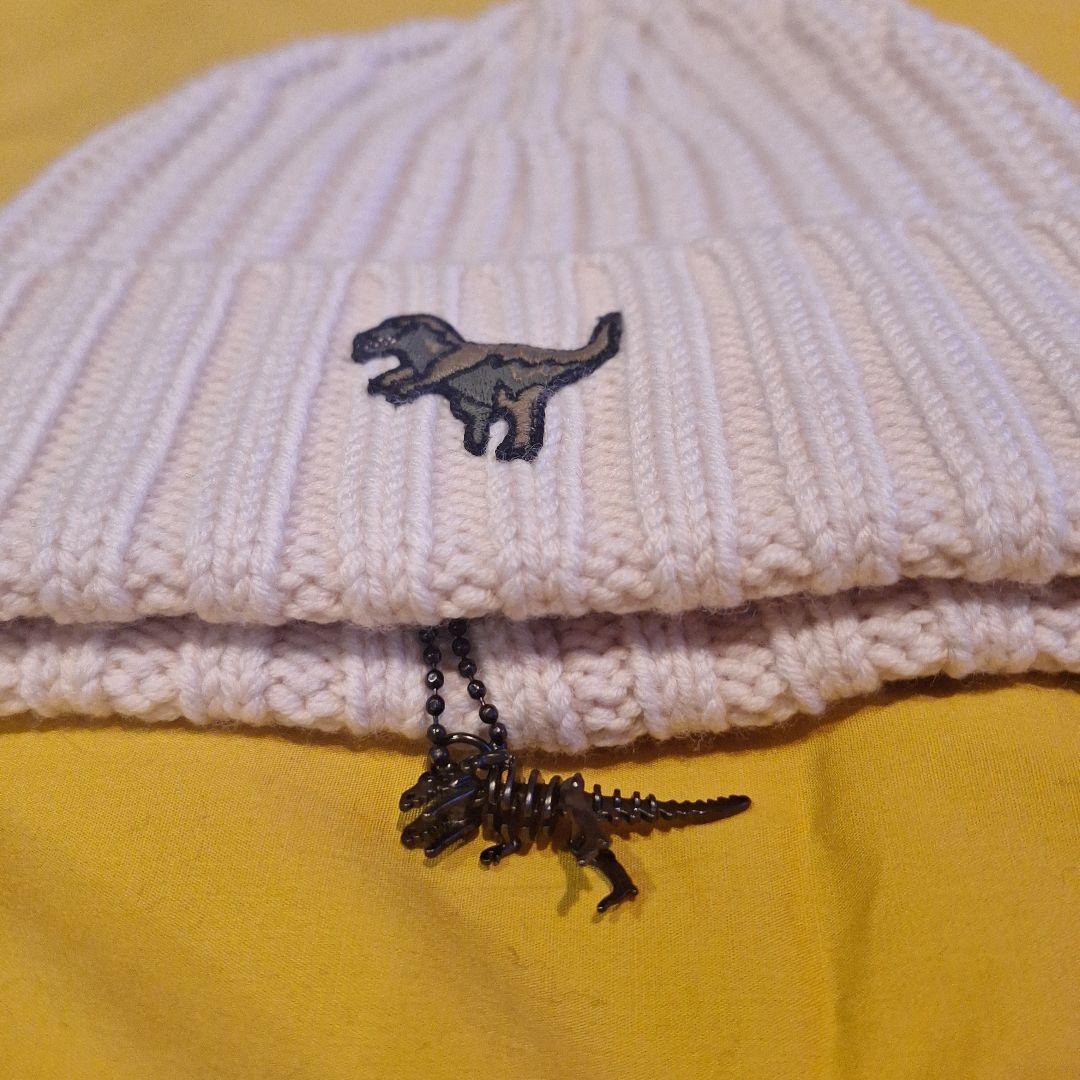 恐竜刺繍付きホワイトニット帽