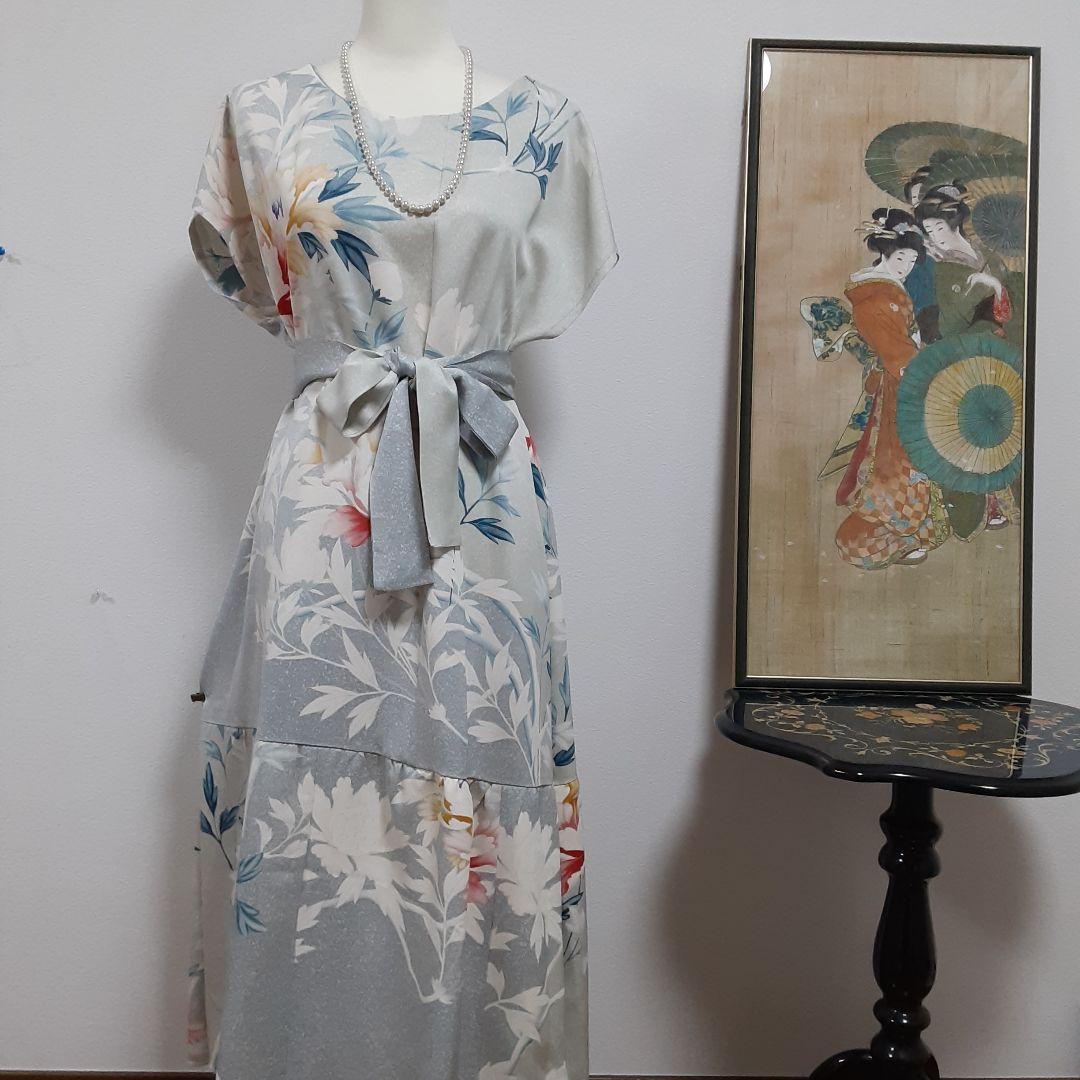 お値下げ……リメイク着物ロングワンピースボレロ付きＬ正絹