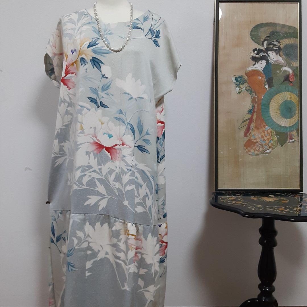 お値下げ……リメイク着物ロングワンピースボレロ付きＬ正絹