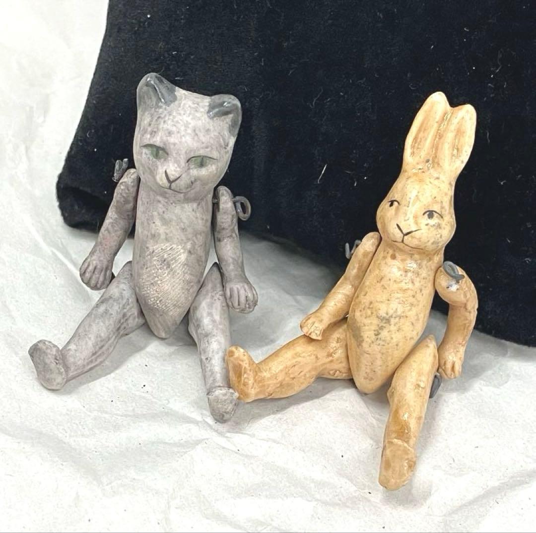 ［O82］ビスクドール うさぎ 猫 2体セット ミニョネット オールビスク