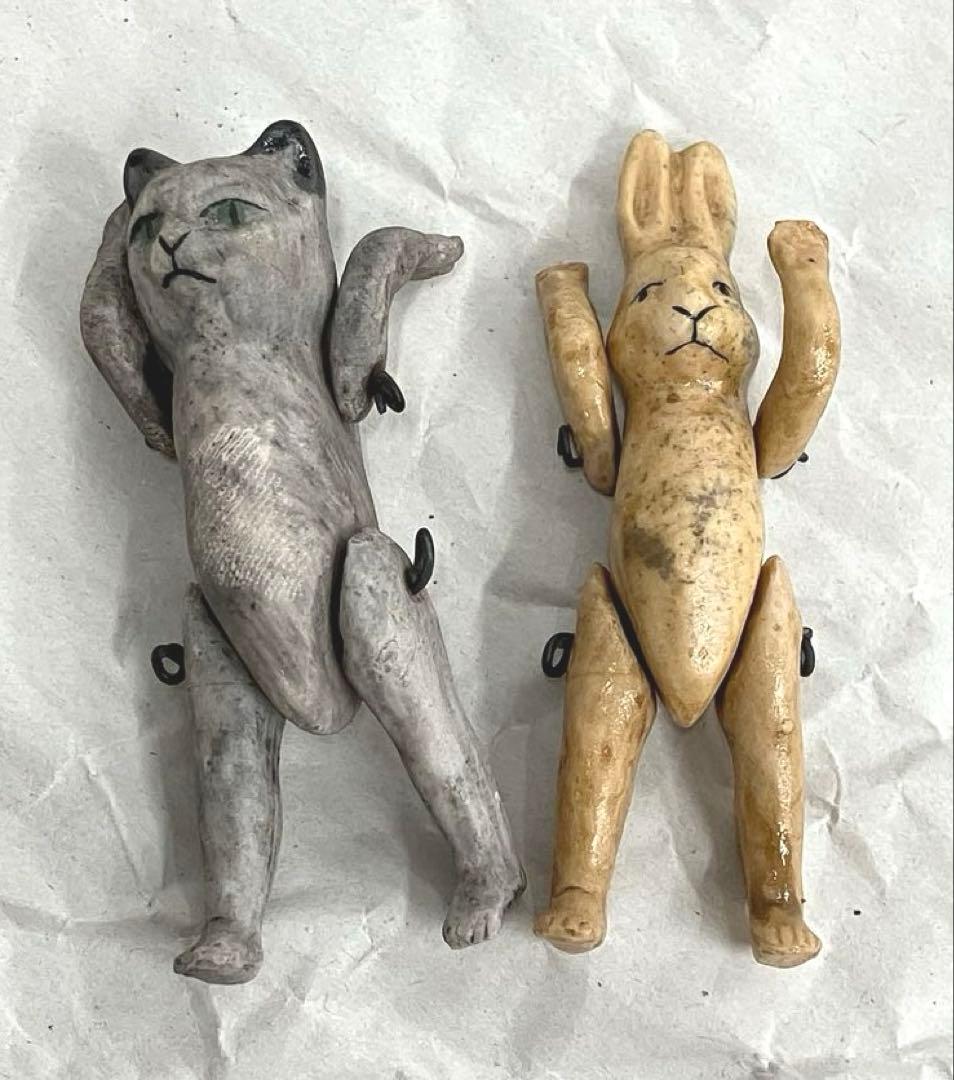 ［O82］ビスクドール うさぎ 猫 2体セット ミニョネット オールビスク
