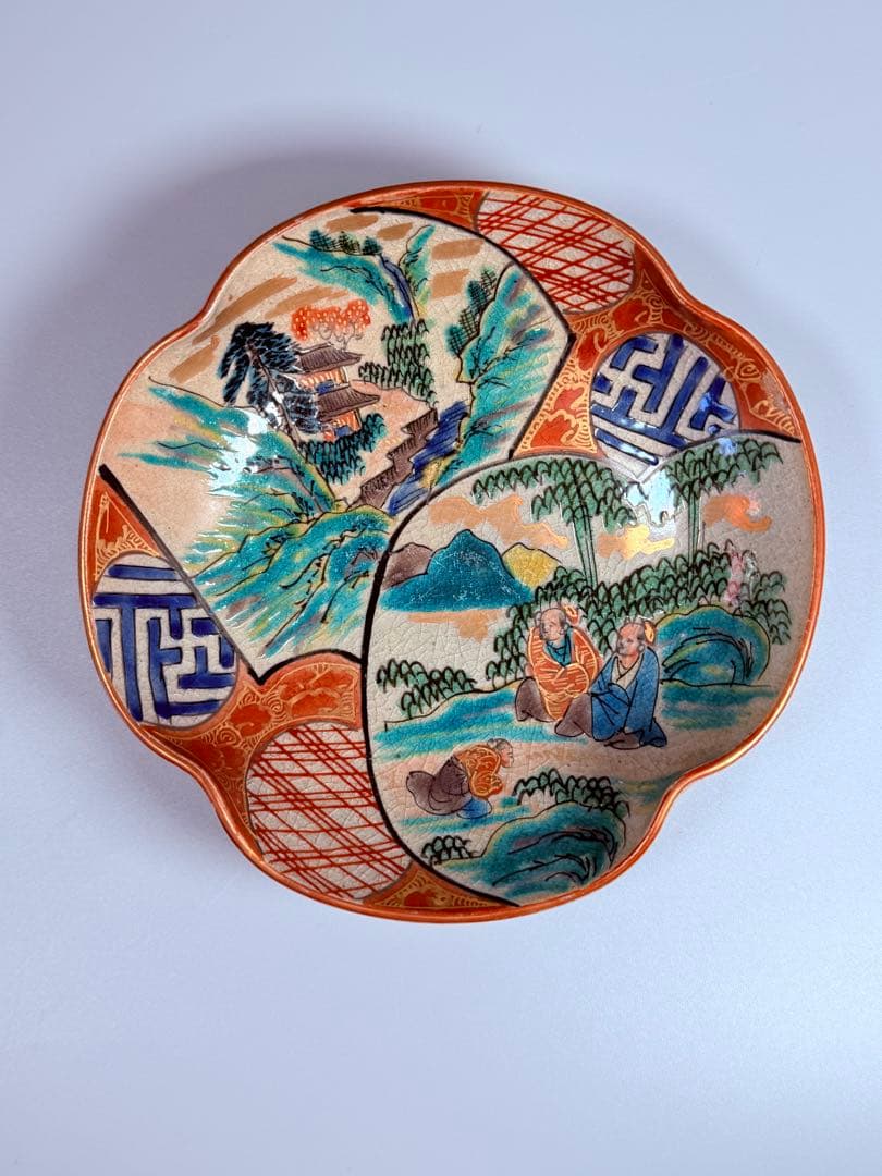 九谷焼　九谷庄三作　色絵風景図変形皿　五客　竹林賢人　窓絵　こだわりの器　手描き