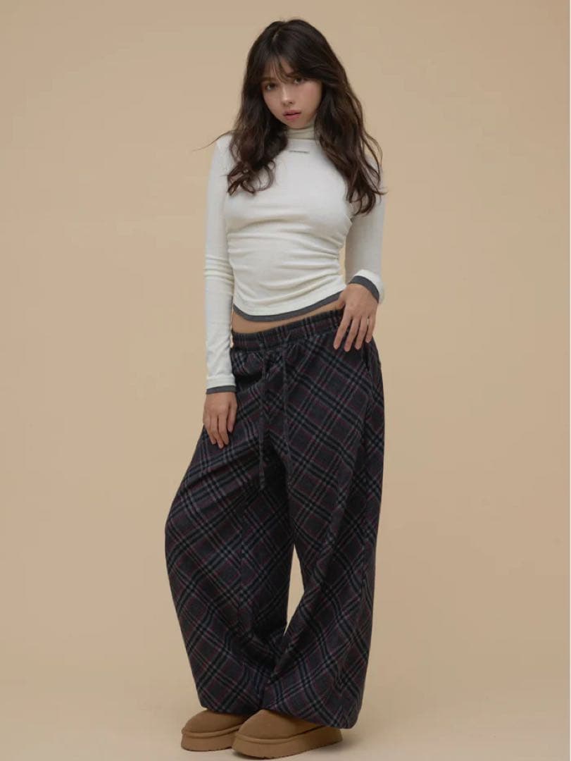 パンツ Monica check loose pants andmary