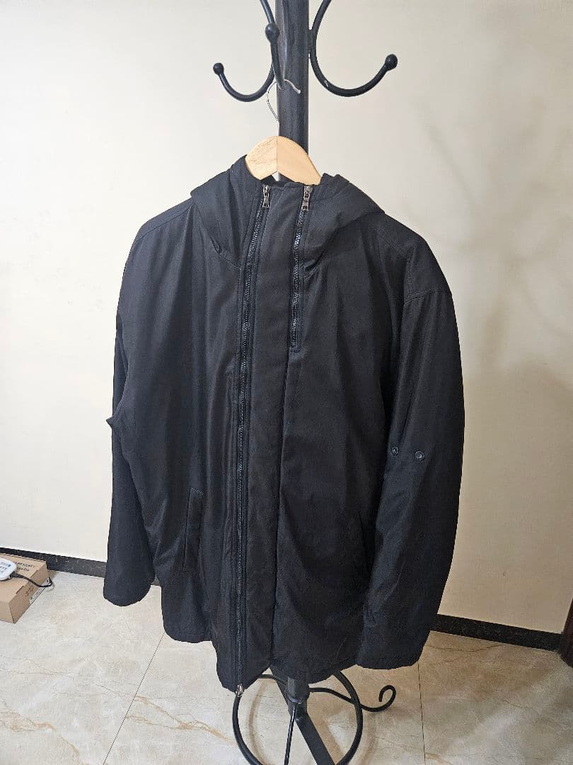 STONE  フーデッド中綿ミドルコート ブラック ダブルジップ