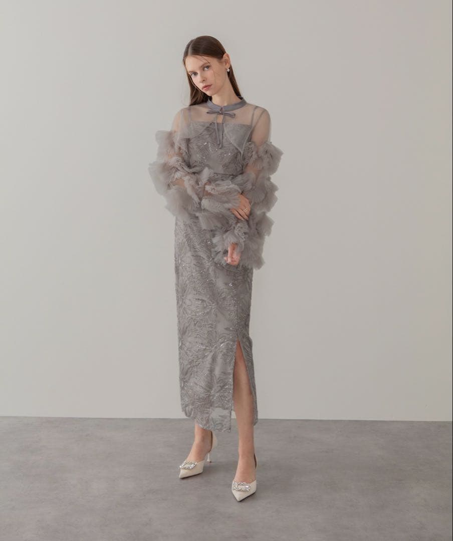 Leja フリルチュールスリーブリボンIラインワンピースドレス