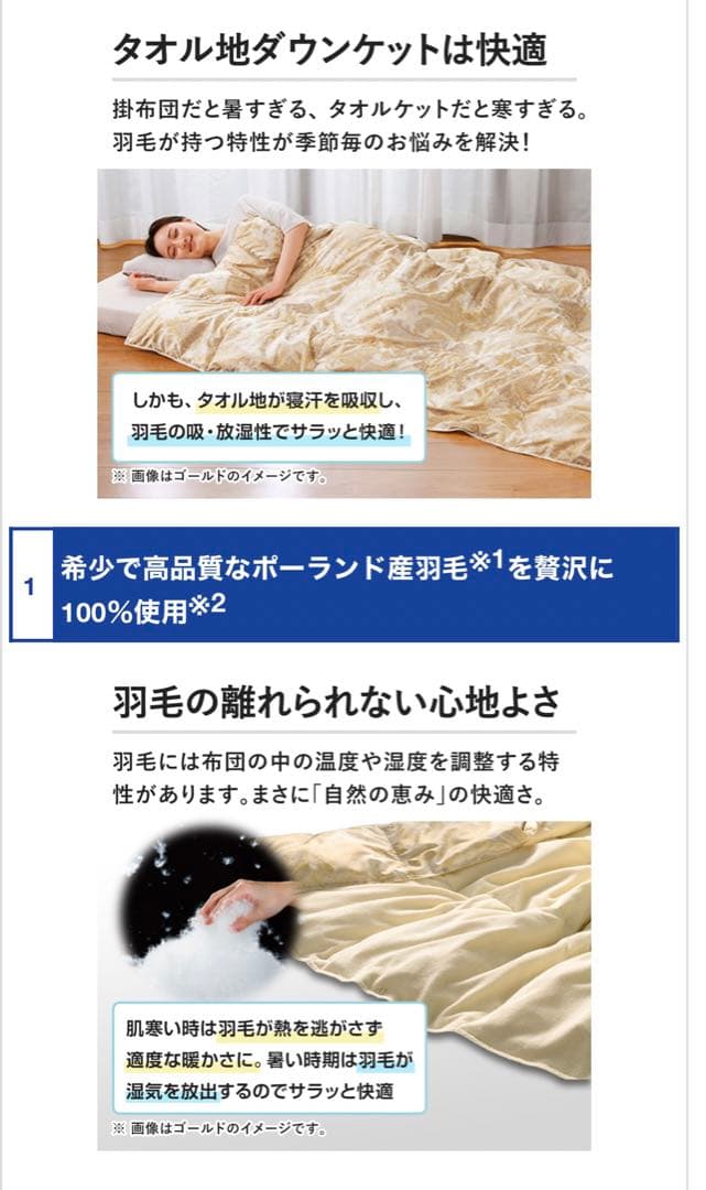 【新品】 西川　ポーランド産羽毛使用　　タオル地ダウンケット 羽毛布団