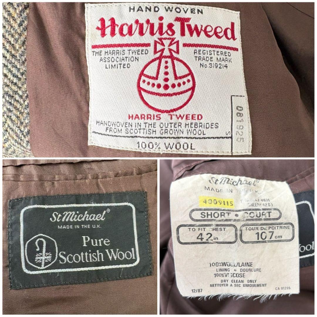 ハリスツイード テーラードジャケット ヘリンボーン くるみボタン パッチ 3L